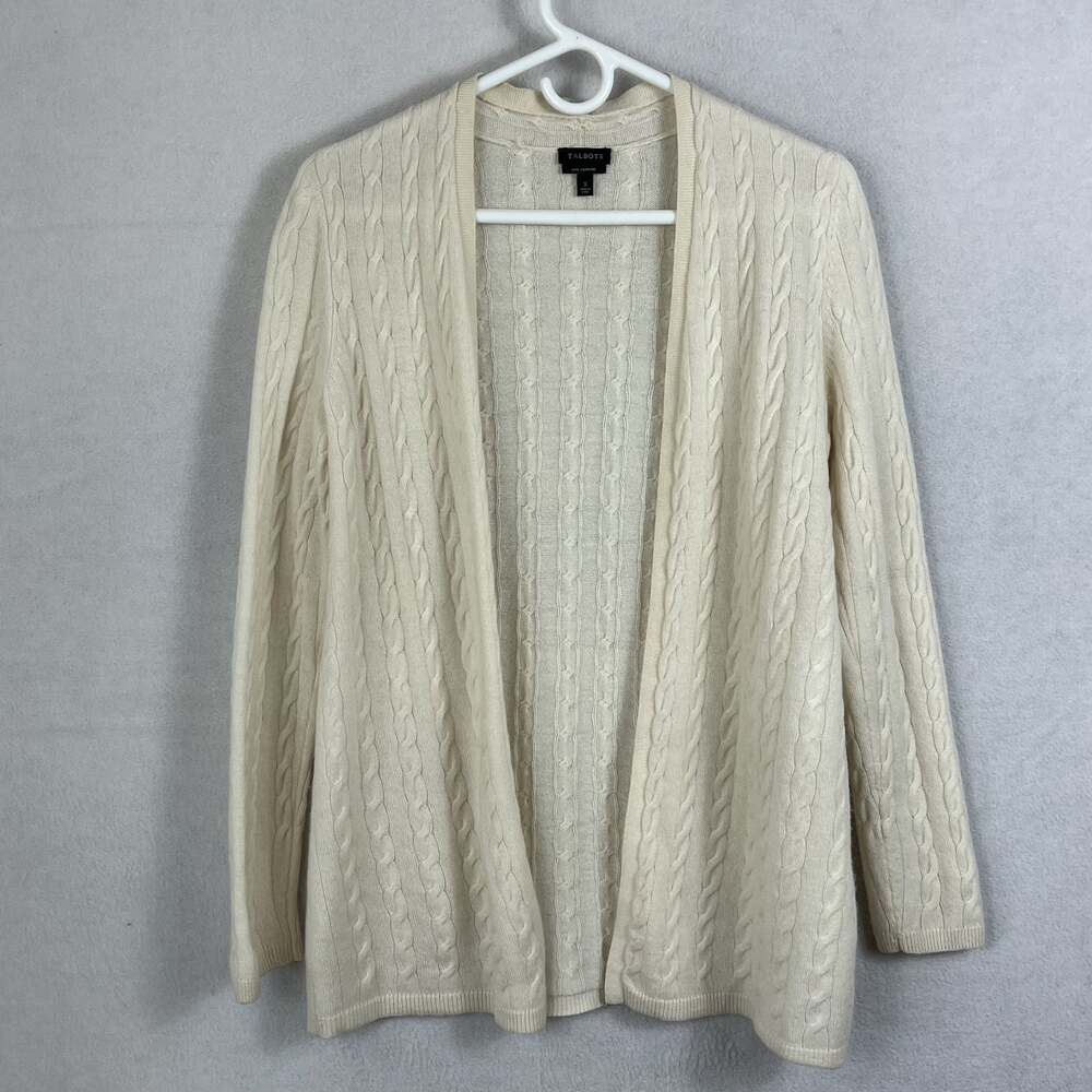 Talbots Pure Cashmere Cable-Knit Open Cream Cardigan Women's Size S